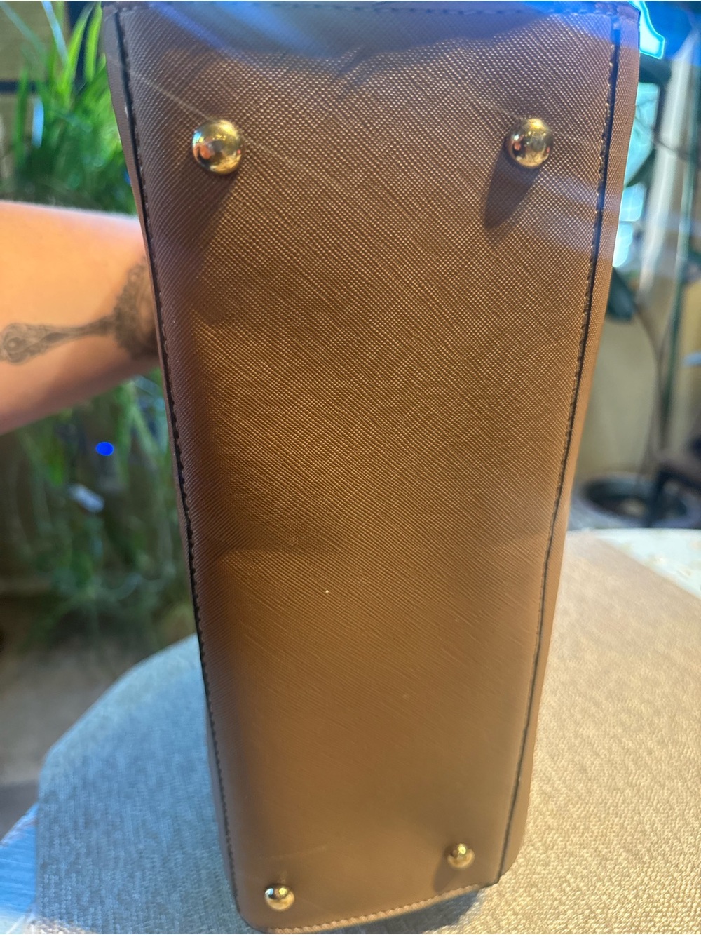 Michael Kors Brown Saffiano Satchel Handbag Gold MK Charm Structured Tote - Picture 4 of 5